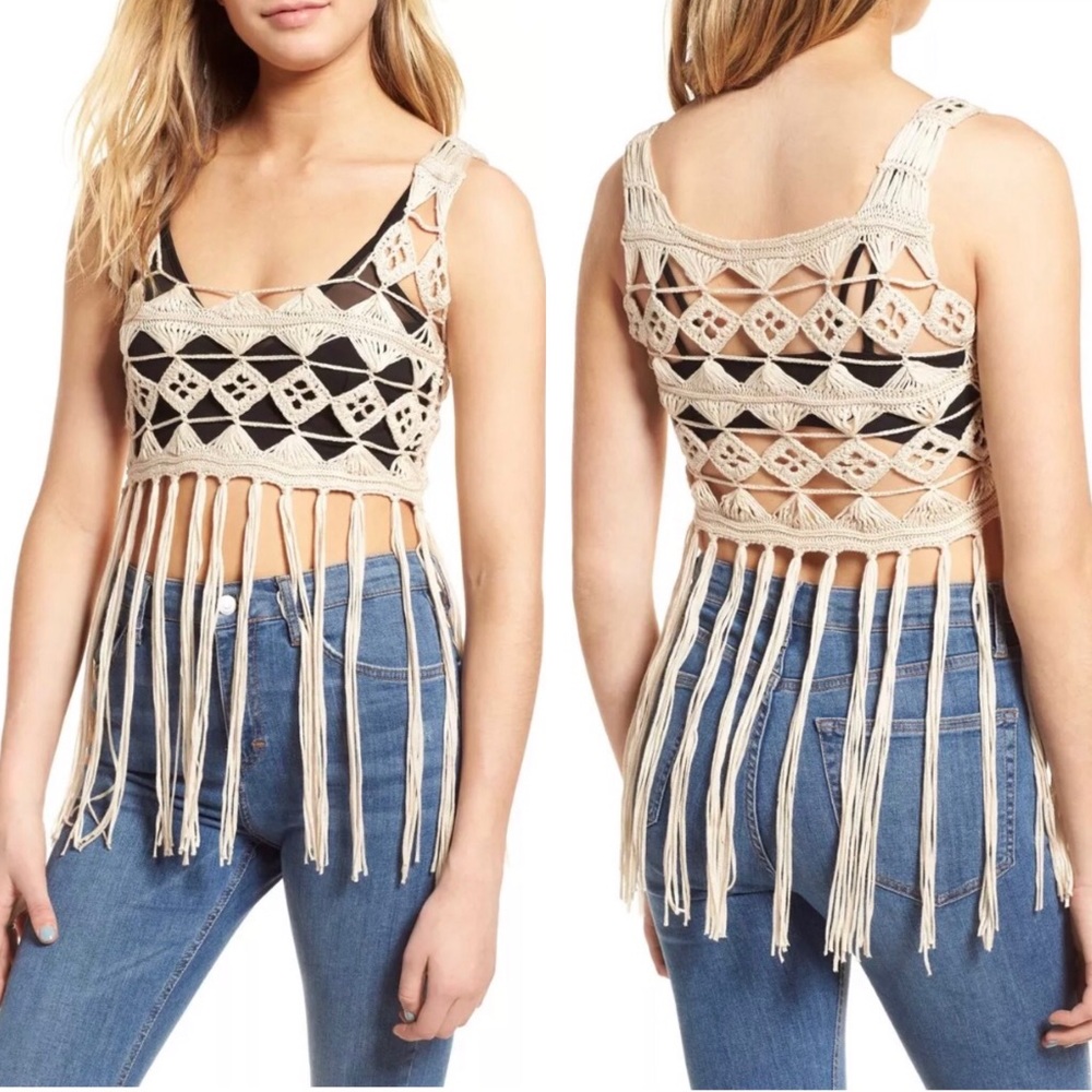 NEW Crochet Fringe Crop Top Boho Tassel Tan Cream Beige Ten Sixty Sherman Large